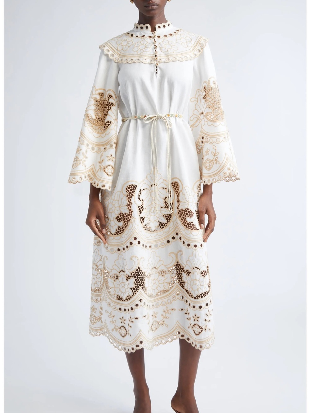 Zimmerman Scalloped Eyelet Trim Belted Linen Midi Dress